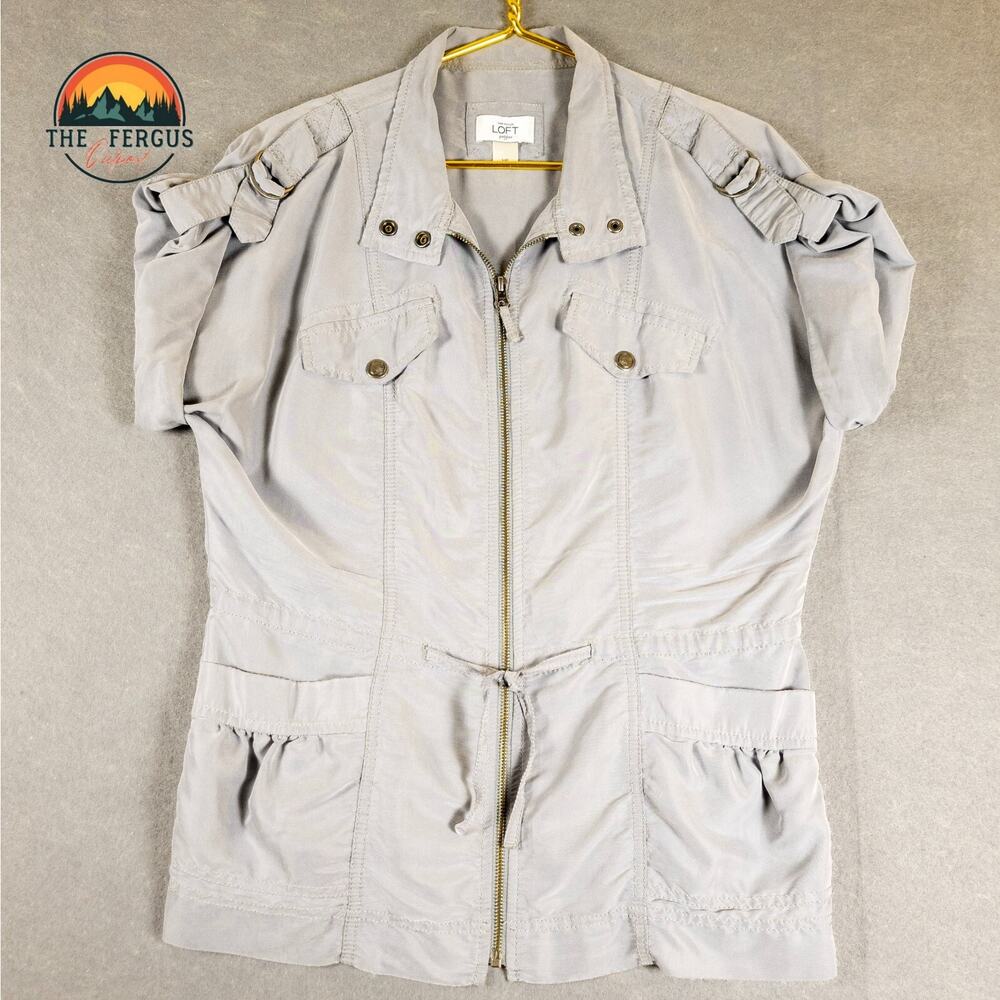 Ann Taylor Loft Utility Anorak Jacket Gray Short Sleeve Pockets Zip Women's MP